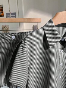SHEIN LUNE 2件套女士夏季仿亚麻条纹开衫短裤套装，休闲度假风 - 黑與白 - 查看 4