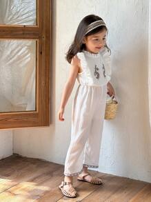 SHEIN Young Girl' Embroidery Retro Pattern Jumpsuit, Casual Country Style Versatile All-Match - White - View 6