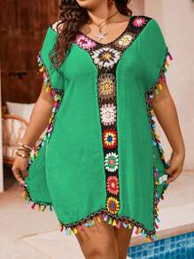 SHEIN Swim Curve Plus Size Hand Knitted Loose Casual Cover Up For Summer Beach Vacation - Green - View 1