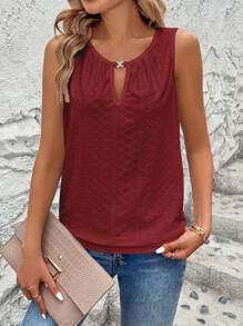 SHEIN LUNE 女士优雅纯色提花刺绣网眼面料圆领金属装饰锁孔无袖上衣 - 紅色 - 查看 4