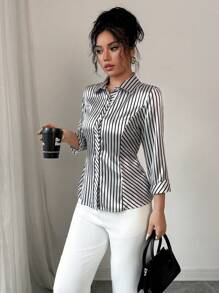 Elenzga 休闲缎面条纹衬衫，适合春夏季通勤 - 黑與白 - 查看 7