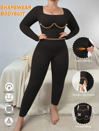 SHEIN 1pc Women's Plus Size Seamless High Waisted Full Body Shaper With Long Sleeves