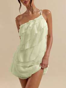 Solid Apricot Mini Dress With Lotus Leaf Overlay Suitable For Daily Dates, Nights Out, Nightclubs, Parties, Meetings, Cocktail Parties, Pool Parties, HAL2 - Mint Green - View 5