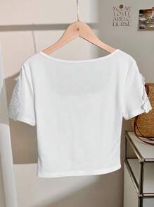Comfortcana Áo thun nữ cổ tròn tay ngắn màu trơn, cổ tròn, thêu ren, họa tiết đơn giản, phong cách Bohemian, hàng mới 2025, phù hợp cho kỳ nghỉ hè - trắng - Xem 2