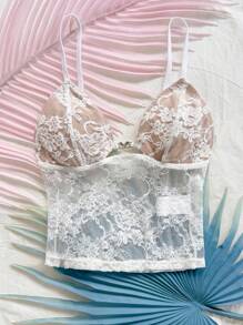 Soleia Top de mujer con tirantes de espagueti y copa triangular de encaje, top corto sexy adecuado para vacaciones, playa, citas, vacaciones, festivales de música, estilo bohemio chic - Blanco - Ver 4