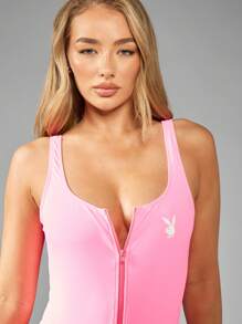 Missguided x Playboy 前拉链高开叉连体泳衣 连体露背夏季沙滩泳池游泳运动泳装 - 粉色 - 查看 7