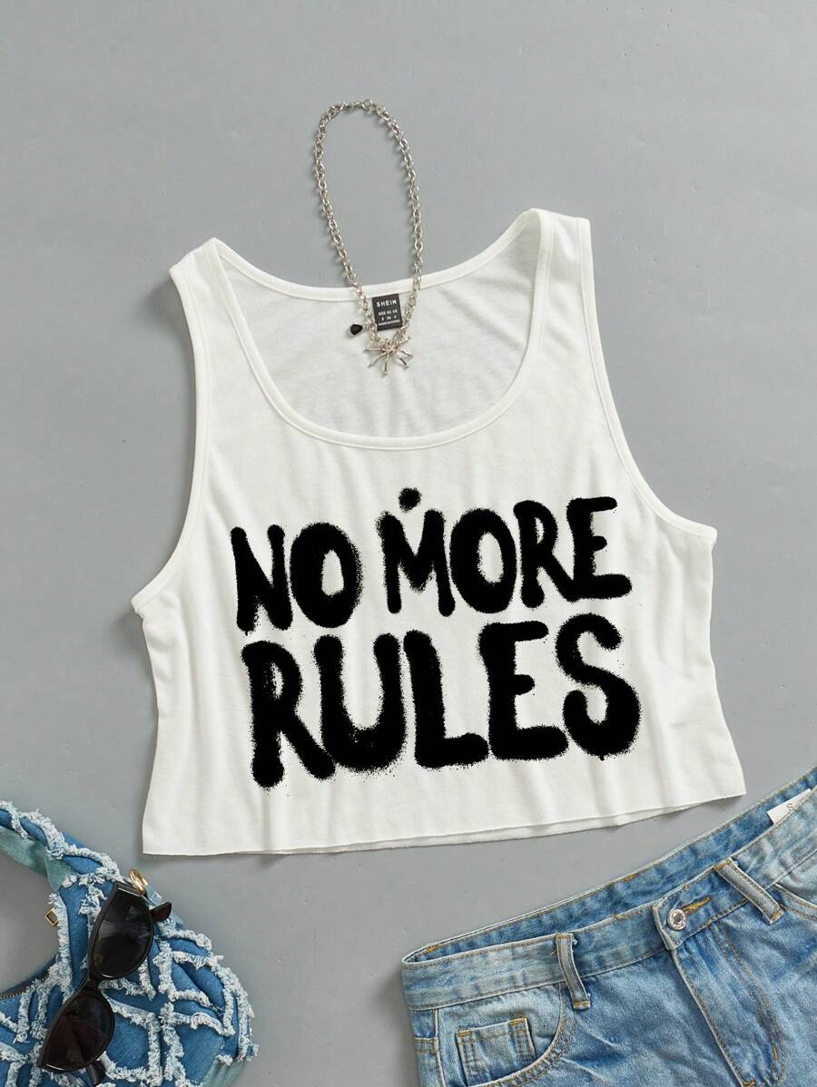 Attitoon Women Casual Oversized U-Neck Sleeveless Cropped Tank Top, Loose Fit, "No More Rules" Print, Suitable For Summer Back To School - White - View 1
