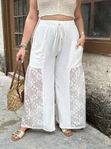 Breezaya Pantalones informales de talla grande con estampado jacquard de unicolor y parches - Blanco - Ver 5