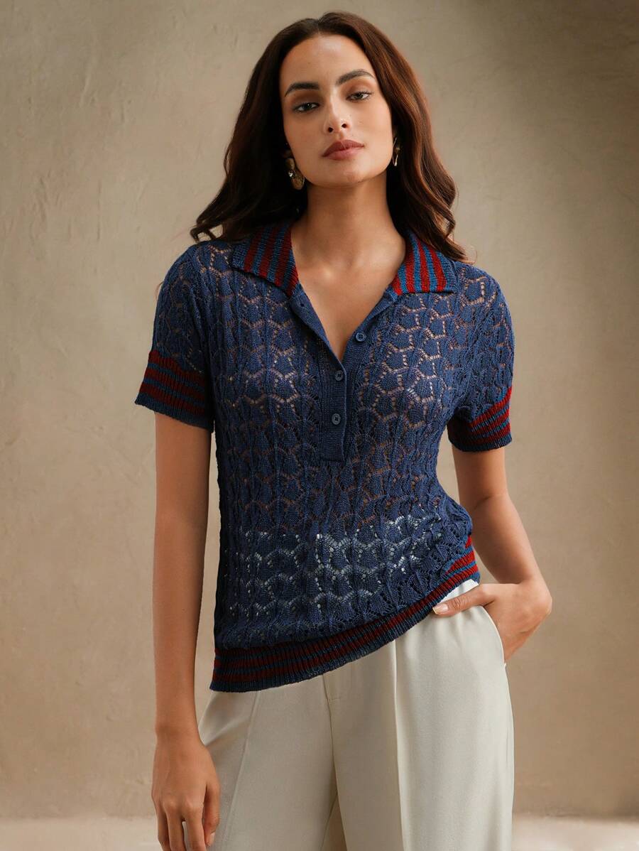 Anewsta 女式撞色条纹 Polo 领镂空针织衬衫 - 彩色 - 查看 1