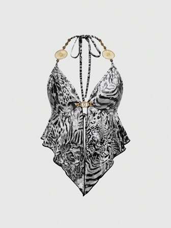 Y2K Hippie Leopardenmuster Metallic Umgekehrter Dreieck-Saum Trägerhemd