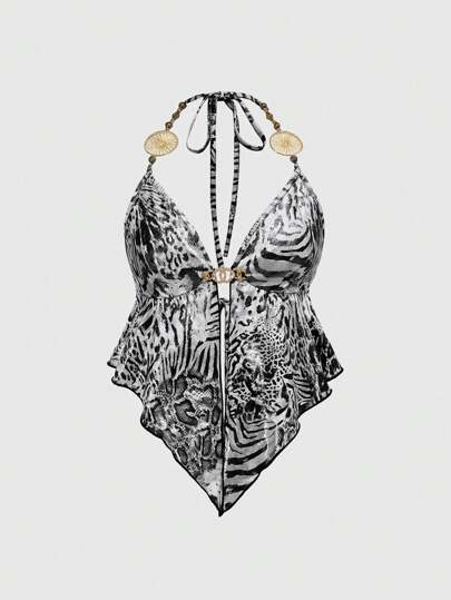 Y2k Hippie Leopard Print Metallic Inverted Triangle Hem Camisole