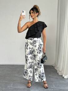 Elenzga Plus Size Women Summer Elegant One Shoulder Ruffle Blouse And Floral Print Pants 2pcs Set - Black - View 6