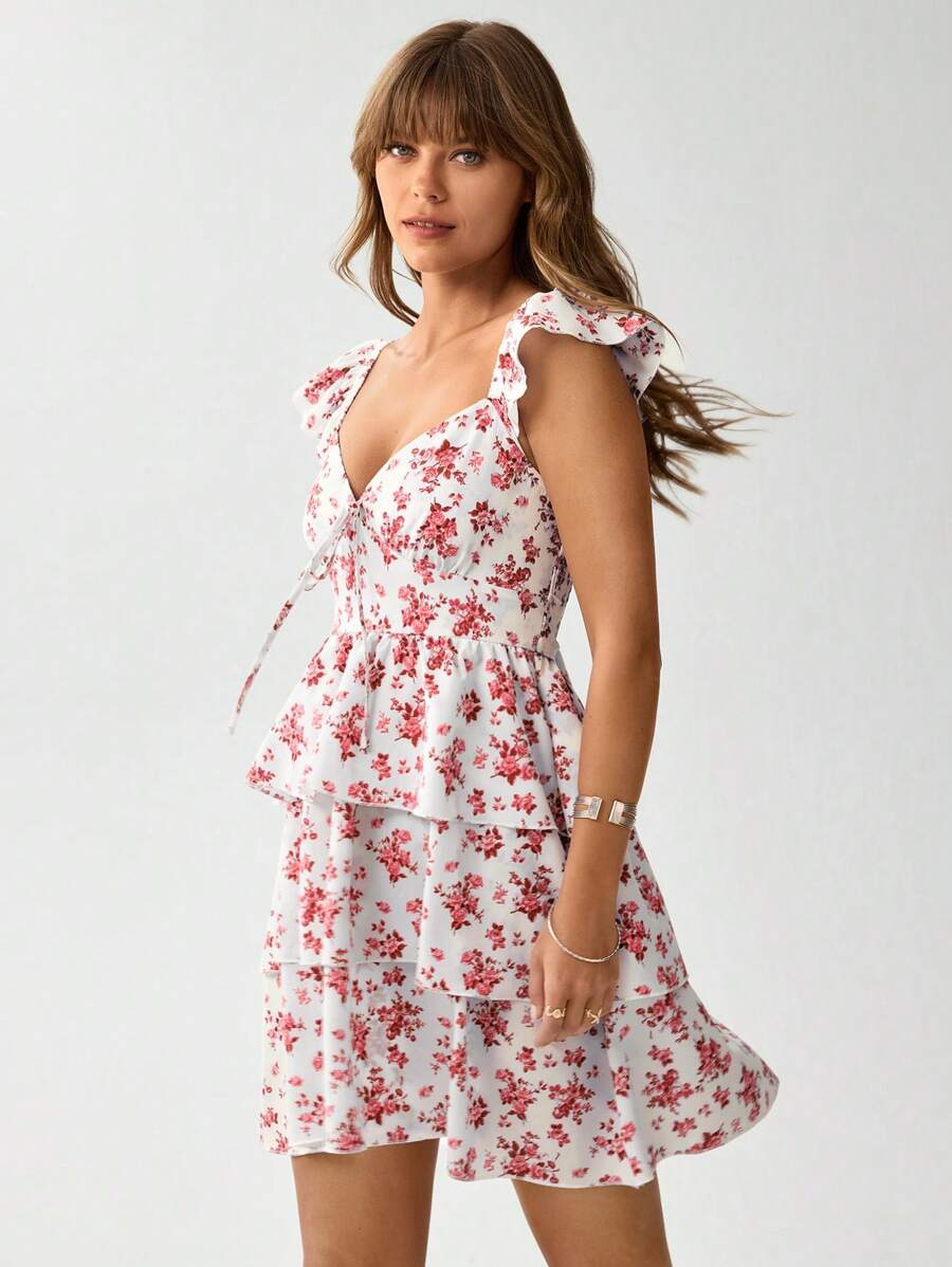 SHEIN LUNE Summer Western Style Romantic Holiday Music Festival Blue Ditsy Floral Layered Ruffle Backless Bow Midi Dress - Red - View 1