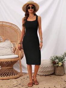 SHEIN LUNE Vestido ajustado de Body con costillas sin mangas de longitud media, adecuado para el uso diario en primavera y verano