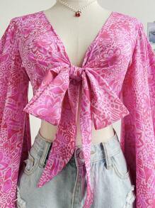 Soleia V-Neck, Ribbon Tie, Bell Sleeve, Print Shirt
