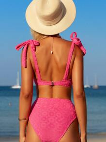 Swim Mod Holiday Beach Solid Jacquard Bikini Set, Summer Beach - Hot Pink - View 2