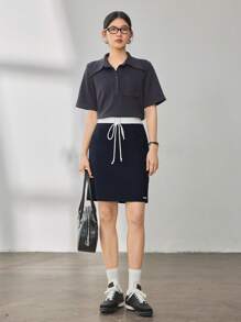 DAZY Women Summer Casual Fitted Colour Blocking Drawstring Tie Waist Decorated Letter Hem Short Straight Skirt - Navy Blue - View 3