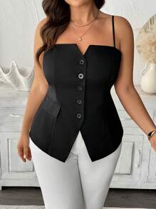 Celure 大码女装春夏优雅法式纯色无袖衬衫，鸡心领，前扣，适合通勤、商务、休闲、度假