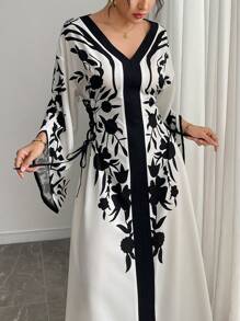 Yasmyna Abito elegante da donna con stampa floreale, maniche a campana con laccetti incrociati sui lati, abito caftan estivo modesto