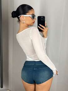 SHEIN ICON Fitted Plus Size Scoop Neck Ribbed Long Sleeve T-Shirt - White - View 2