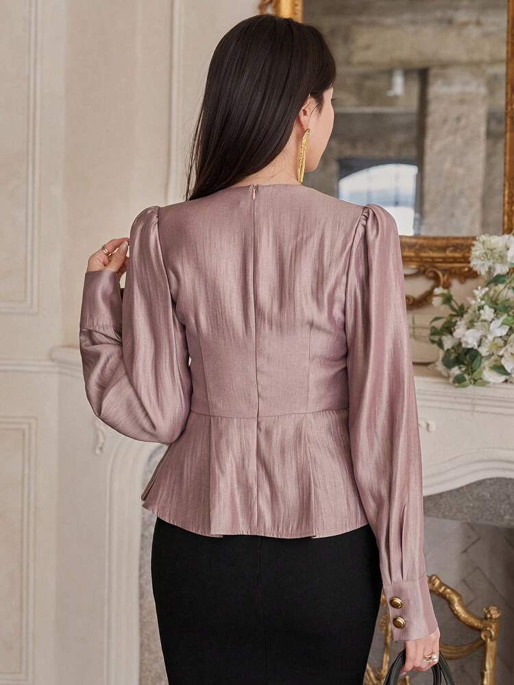 Solid Color Puff Sleeve Asymmetric Women Shirt,Fall Clothes