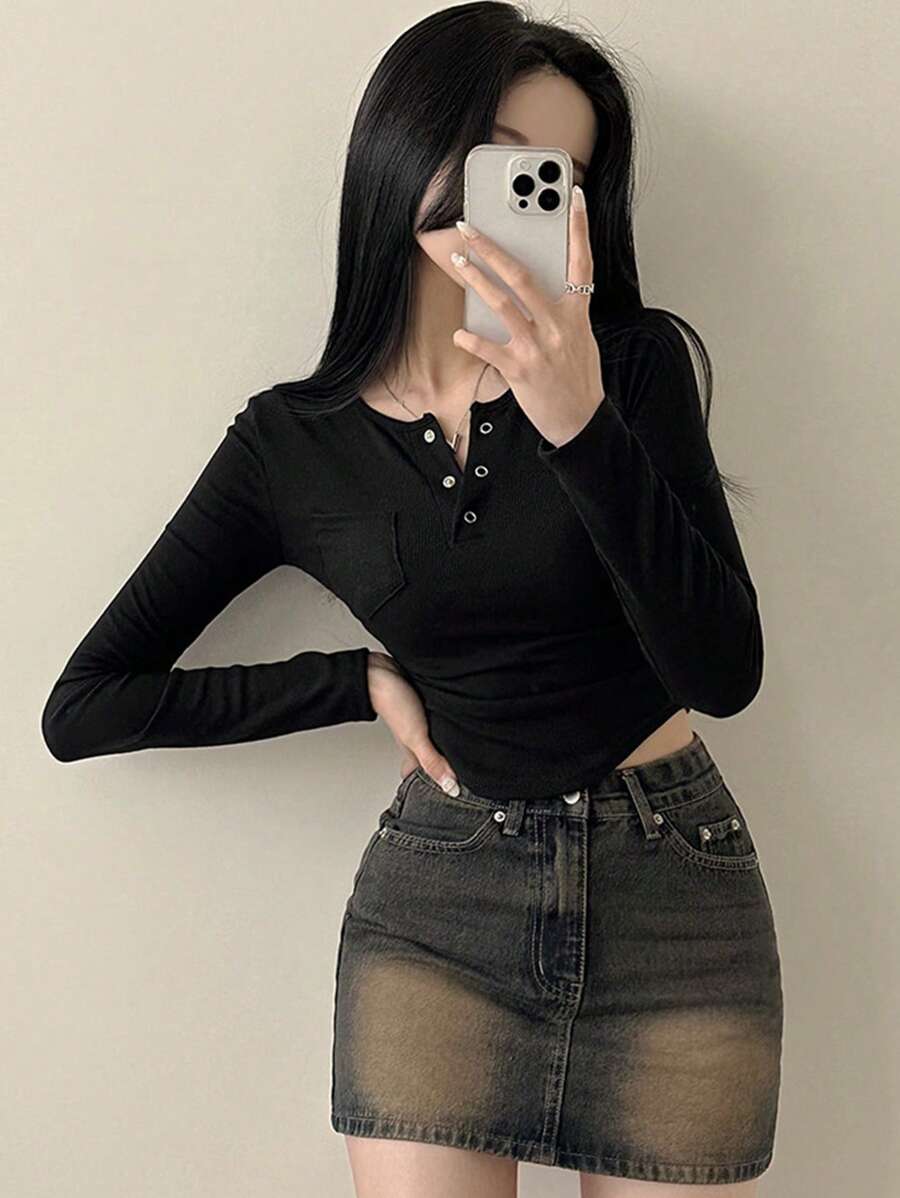 DAZY Women's Solid Color Button Up Ruched Long Sleeve Casual T-Shirt Crop Women Tops - Black - View 1