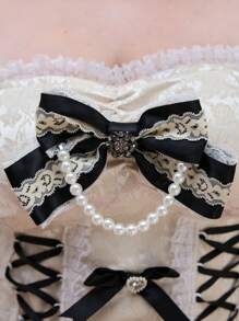 ROMWE Kawaii Plus Size Women Retro Palace Style Romantic Pearl Bow Ribbon Decorated Bustier Top - Apricot - View 2