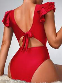 SHEIN Swim 1pc Women One-Piece Solid Color Hollow Out Ruffle Sleeve Twist Front Swimsuit