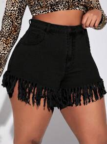 SHEIN SXY Short en jean casual d'été mode avec poches en biais et ourlet à franges pour grandes tailles - Noir - Voir 4