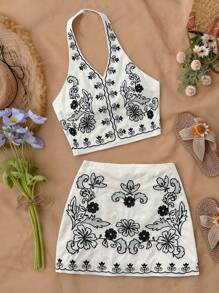 SHEIN Leap Crew Teen Girls 2 Pieces Floral Embroidered Halter Neck Crop Top And A-Line Mini Skirt Set, Vacation Outfit - Apricot Base With Black Flower Embroidery, Suitable For Beach, Holiday, Party, Music Festival - Apricot - View 1