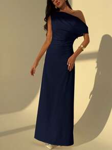 Aloruh Elegant Asymmetrical Neck Waist Ruched A-Line Dress, Slim Fit, Solid Color, Simple Office Wear, Beige - Navy Blue - View 3