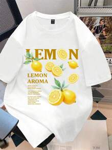Manfinity Joysei Camiseta de cuello redondo blanca con estampado de limón talla estándar para hombre (Hecho de tela)