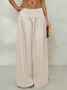 Glamine 复古低腰阔腿裤，垂坠修身休闲女裤 - 杏色 - 查看 4