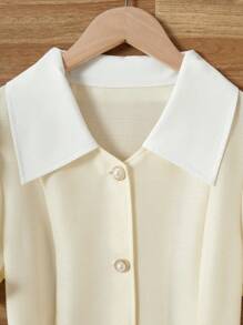 优雅领短款泡泡袖褶饰拼布高腰连衣裙，适合青少年，春夏季