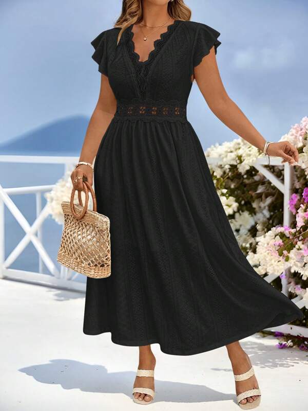 SHEIN Clasi Robe longue avec empiècement en dentelle pour femmes grandes tailles, avec taille élastique et ourlet évasé, pour le printemps/l'été