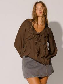 Aralina Winter/Fall Semi Sheer Ruffled V-Neck Long Sleeve Front Tie Blouse - Chocolate Brown - View 3