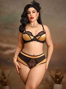 PinupGlam 2pcs Curvy Vintage Romantic Sexy Lingerie Set: Underwired 1/4 Cup Criss-Cross Floral Lace Satin Sheer High-Waist Panty, Plus Size, Black & Bronze, Club Party