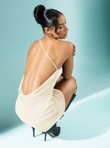 Hauture Solid Chiffon One Shoulder Draped Open Back Mini Dress,Party Dress