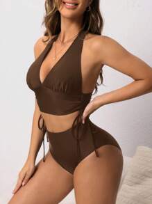 Swim Lushoire Adjustable Drawstring Women's Swimsuit Set, Versatile All-Match For Summer Beach Vacation - Brown - View 5
