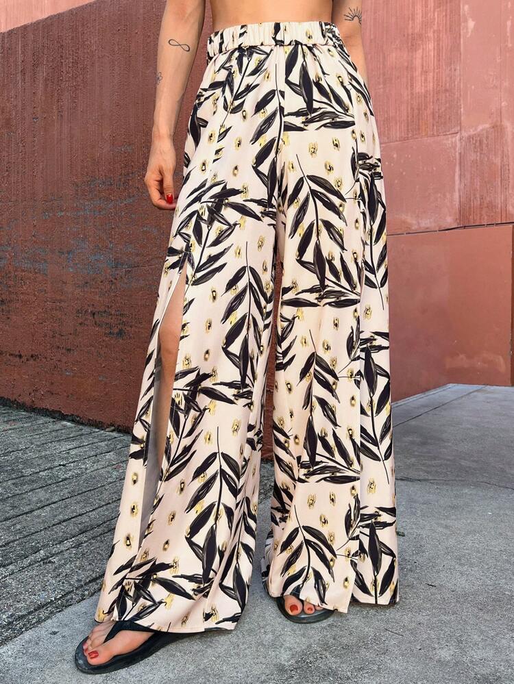 Bohemian Split Hem Wide Leg Vacation Pants, Beach Women