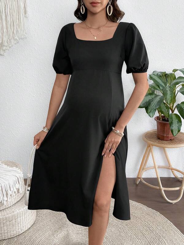 SHEIN Solid Color Short Puff Sleeve High Slit Elegant Dress Maternity Dress