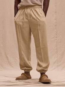 Musero Minimal Embroidered Linen Style Cuffed Joggers Spring Summer Streetstyle Easter Vacation - Apricot - View 2