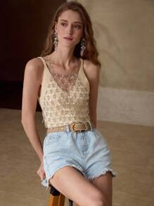 MOTF PREMIUM SHEER RING CHAIN DETAIL COVER UP TOP - Khaki - View 4