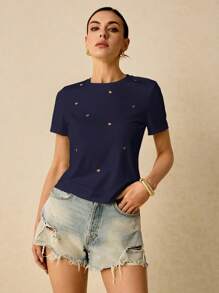 Poéselle Camiseta de manga corta para uso casual diario con bordado de hilo y estampado de corazón, camiseta de verano de algodón para mujer con diseño bordado para té y eventos de verano