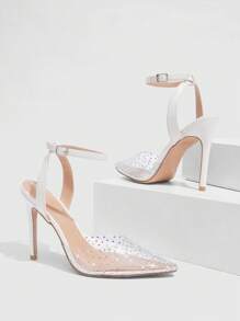 CUCCOO SZL Fashionable Beige Pointed Toe High Heels With Ankle Strap And Rhinestones Decor, PVC Material, Suitable For Dates, Parties, Weddings - Beige - View 6