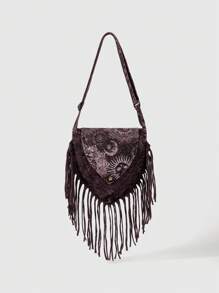 ROMWE Fairycore Hand-Made Hippie Apocalypse Style Sun & Moon Print Tasseled Crossbody Bag, Music Festival & Travel Shoulder Bag, Unique Random Pattern & Dye - Brown - View 2