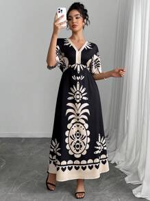 SHEIN Clasi Elegant Lady Placement Printed Short Sleeve Dress - Black - View 7