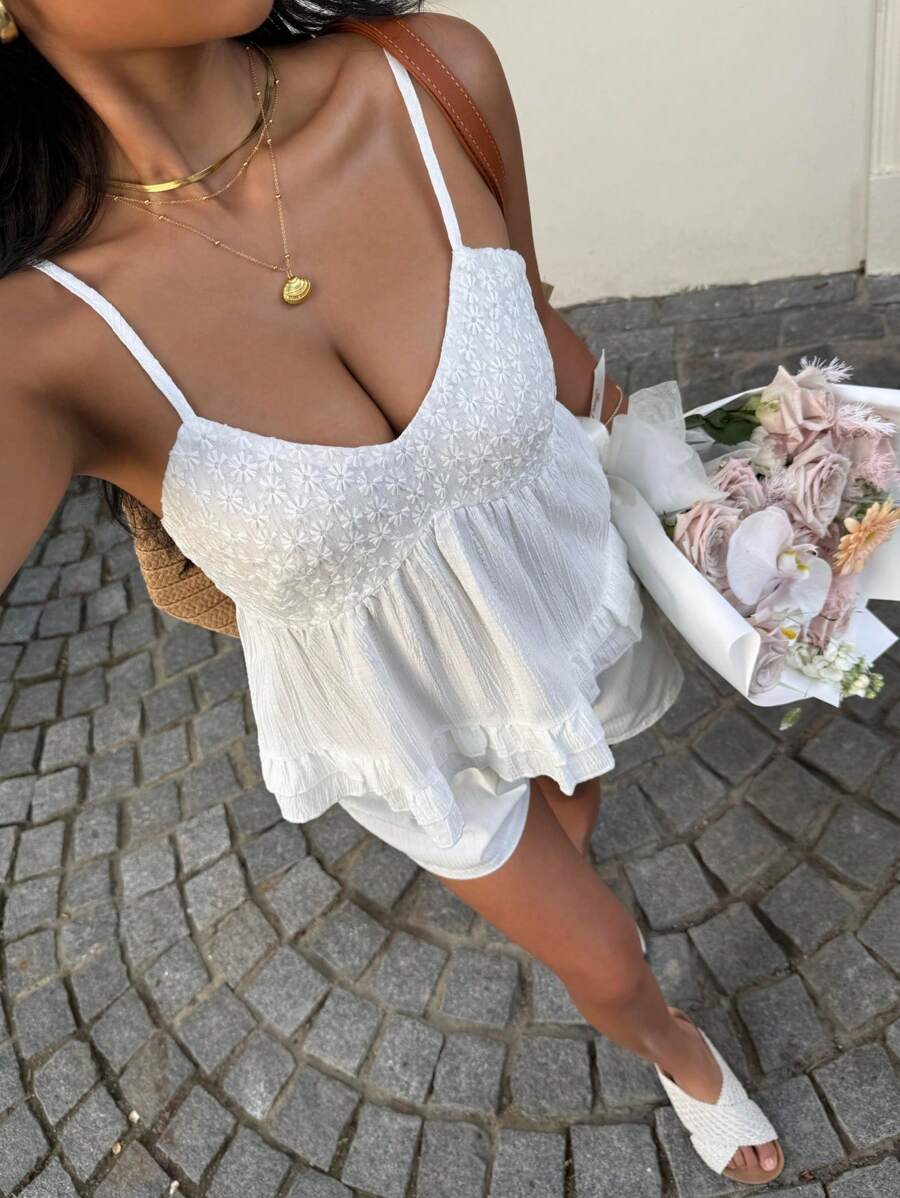 SHEIN Unity Áo ba lỗ thêu ngực phong cách nghỉ dưỡng ngọt ngào màu trắng cho mùa hè - trắng - Xem 1