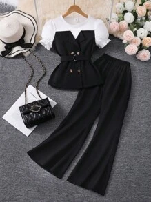 Tween Girl Puff Sleeve Belted Top & Solid Color Flare Nine-Minute Pants Set, 2 Pieces Outfit Summer Holiday