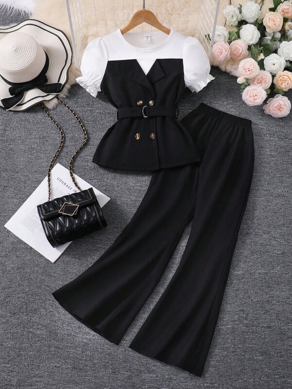 Tween Girl Puff Sleeve Belted Top & Solid Color Flare Nine-Minute Pants Set, 2 Pieces Outfit